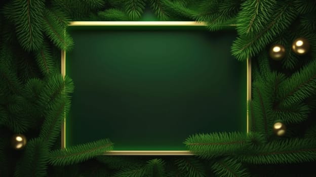 Green neon frame with close up Christmas spruce branches with copy space. Generative AI.