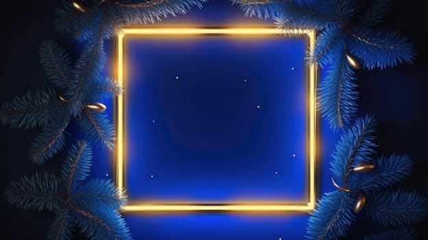 Blue neon frame with close up Christmas spruce branches with copy space. Generative AI.