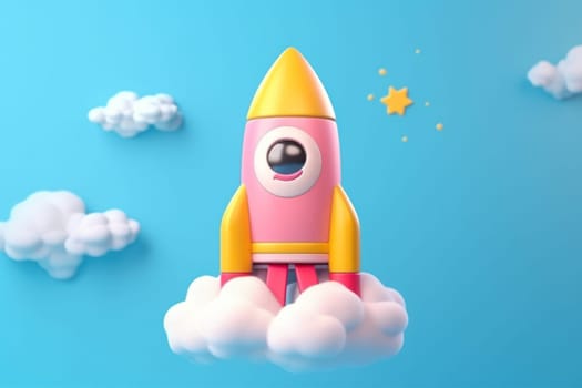 3d cartoon style minimal spaceship rocket icon Toy rocket upswing.