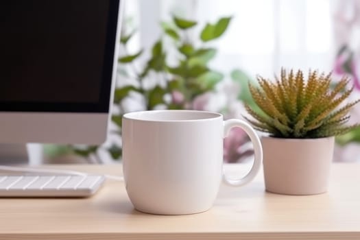 Blank white coffee mug mockup on work desk Generative AI.