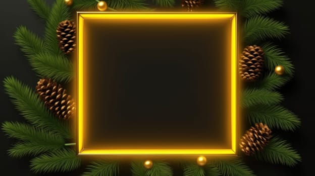 Yellow neon frame with close up Christmas spruce branches with copy space. Generative AI.