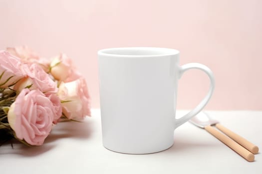 Blank white coffee mug mockup on work desk Generative AI.