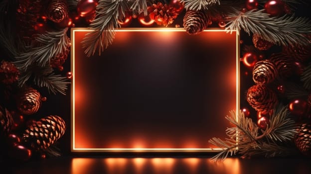 Red neon frame with close up Christmas spruce branches with copy space. Generative AI.