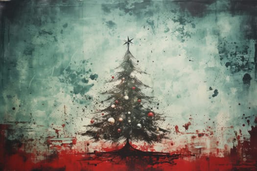 Red Christmas. Grunge green Christmas tree background. Generative AI.