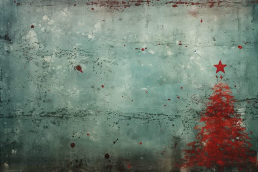 Red Christmas. Grunge green Christmas tree background. Generative AI.