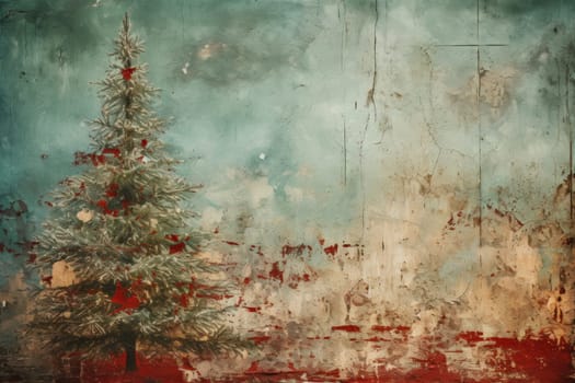 Red Christmas. Grunge green Christmas tree background. Generative AI.