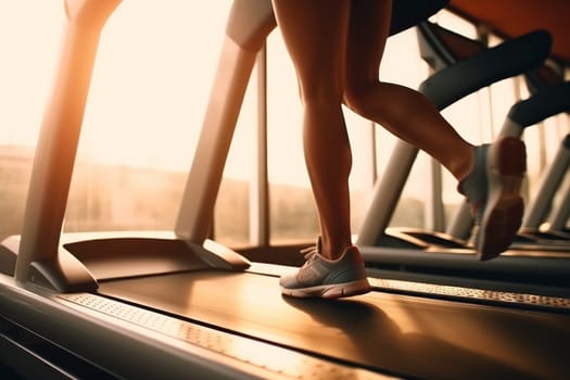 Close up of woman in sports clothing running on treadmill in gym.