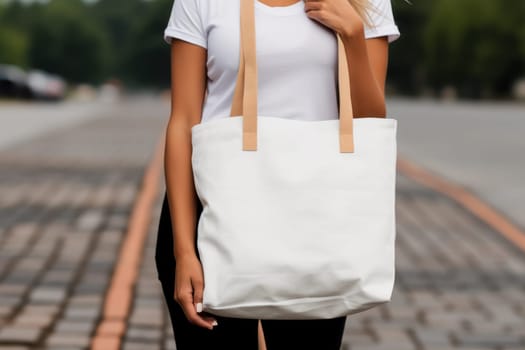 Model hold blank white fabric mockup bag for save environment on street fashion.