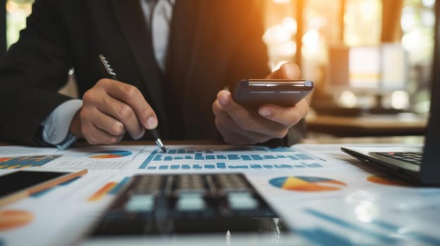Businessman analyzing and calculating financial data. Generative AI.