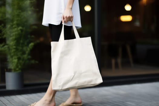 Model hold blank white fabric mockup bag for save environment on street fashion.