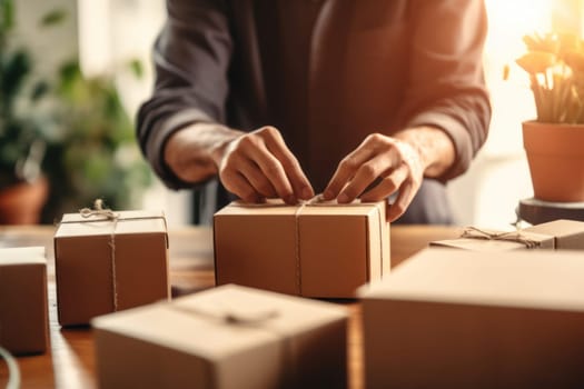 Online shopping young start small business in a cardboard box at work Generative AI.