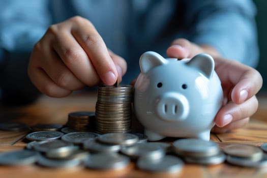 Businessman saving money concept. hand holding coins putting in piggy bank. Generative AI.