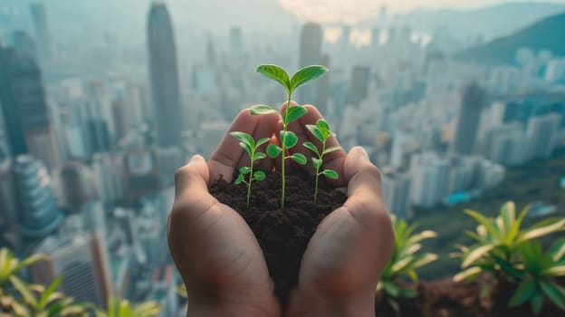 Hands holding small saplings growing, with a city and industries in the background. Generative AI.