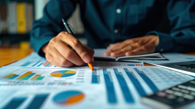 Businessman analyzing and calculating financial data. Generative AI.
