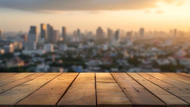 Empty wooden table with city view background, for product display. Generative AI.