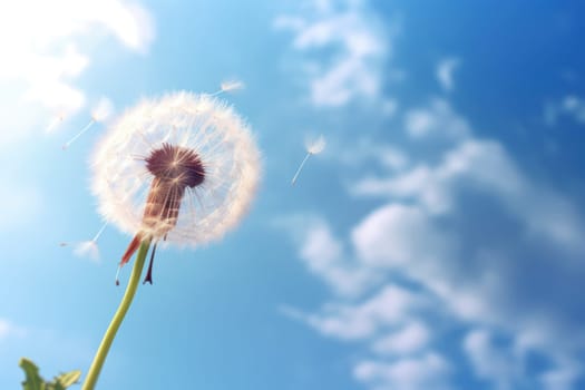 Dandelion in the wind on blue sky.