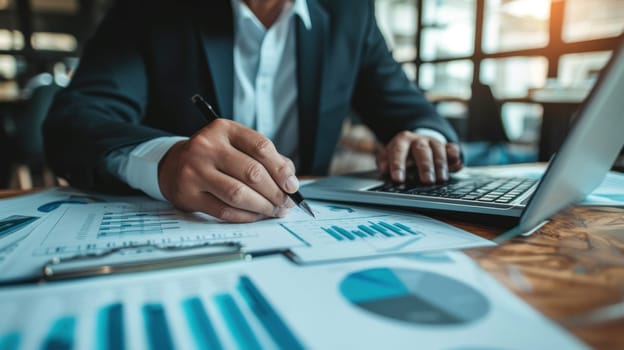 Businessman analyzing and calculating financial data. Generative AI.
