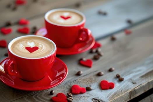 Red valentine coffee latte cups with heart decorations. Generative AI.