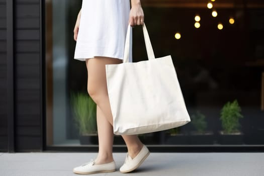 Model hold blank white fabric mockup bag for save environment on street fashion.