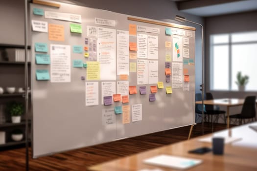 Blurred background of a whiteboard with project plans and timelines in office.