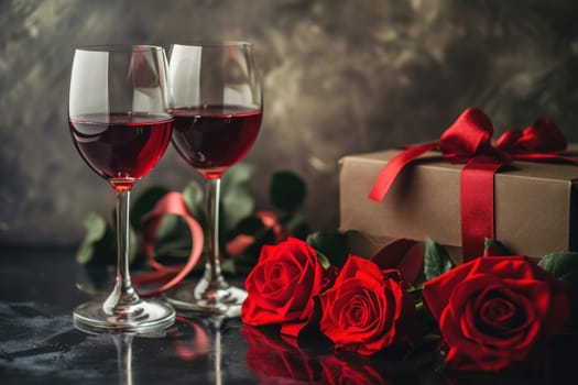 Red flower roses next to a wine gift box two wine glasses holding wine. Generative AI.