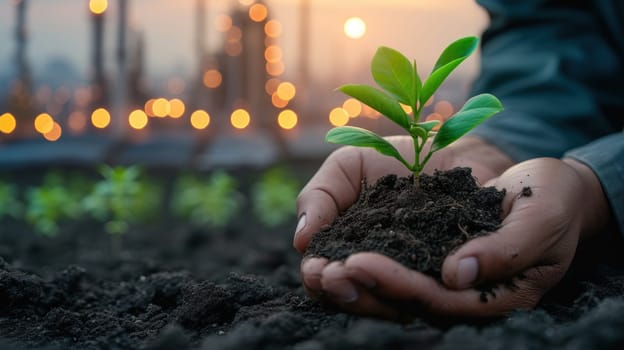 Hands holding small saplings growing, with a city and industries in the background. Generative AI.