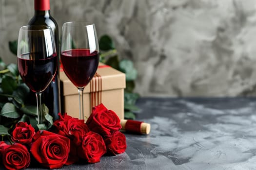 Red flower roses next to a wine gift box two wine glasses holding wine. Generative AI.