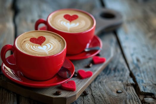 Red valentine coffee latte cups with heart decorations. Generative AI.