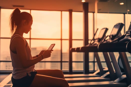 Close up of woman in sports clothing running on treadmill in gym.