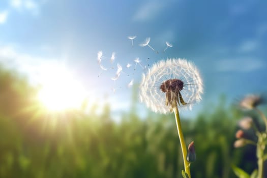 Dandelion in the wind on blue sky.