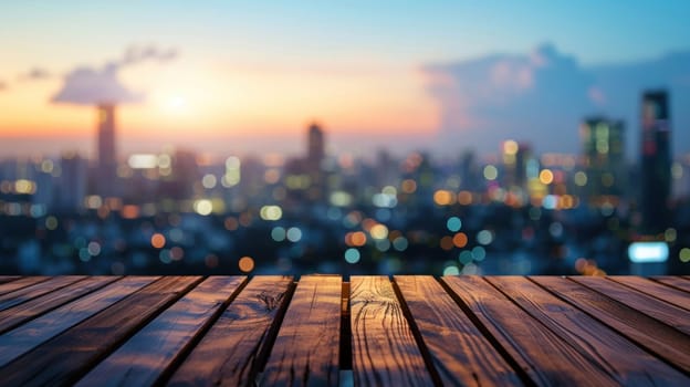 Empty wooden table with city view background, for product display. Generative AI.