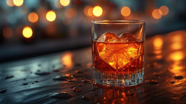 Heart shaped ice in a glass of whiskey on a table with lights bokeh in the background. Generative AI.