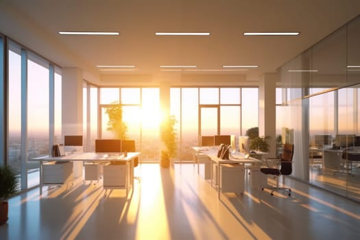 Beautiful blurred background of a light modern office interior with panoramic windows.