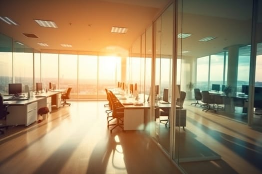 Beautiful blurred background of a light modern office interior with panoramic windows.