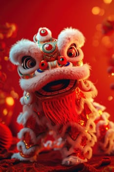 Lion dance costume performing in China, Lunar new year celebration. Generative AI.
