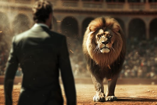 A Brave businessman facing a big lion Generative AI.