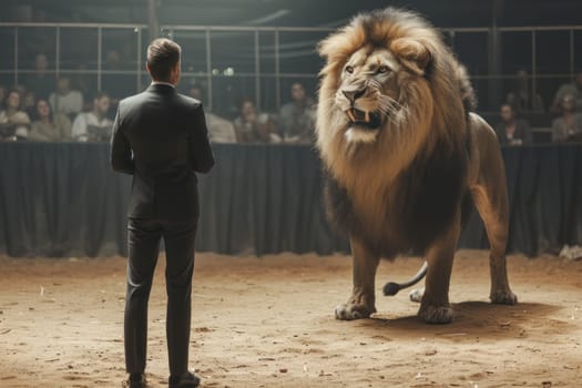 A Brave businessman facing a big lion Generative AI.