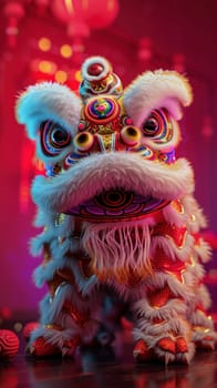 Lion dance costume performing in China, Lunar new year celebration. Generative AI.