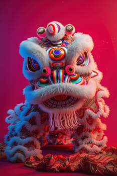 Lion dance costume performing in China, Lunar new year celebration. Generative AI.