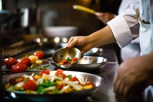 Close up of a professional chef preparing a delicious gourmet dish in a modern kitchen.
