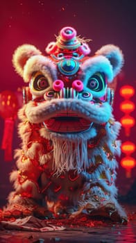 Lion dance costume performing in China, Lunar new year celebration. Generative AI.