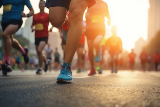 Marathon running in the light of morning or evening on city road detail Generative AI.