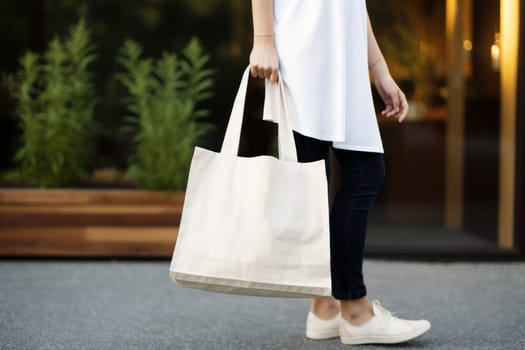 Model hold blank white fabric mockup bag for save environment on street fashion.