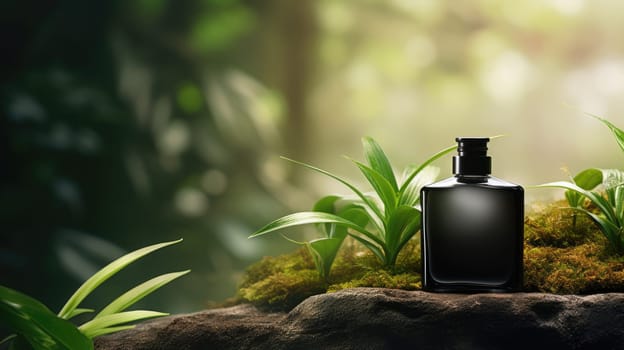 Transparent black glass perfume bottle mockup with plants on background. Eau de toilette. Mockup, spring flat lay