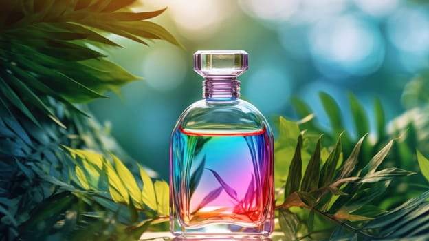 Transparent rainbow glass perfume bottle mockup with plants on background. Eau de toilette. Mockup, spring flat lay