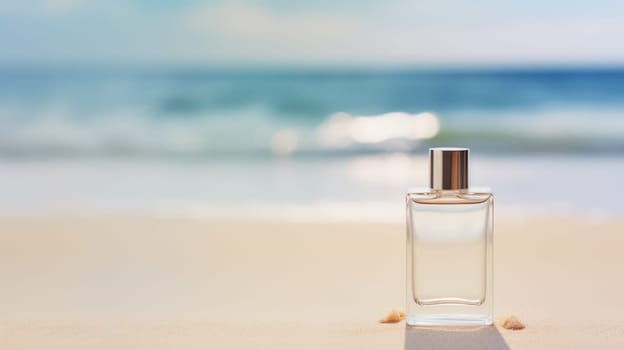 Transparent white glass perfume bottle mockup with sandy beach and ocean waves on background. Eau de toilette. Mockup, spring flat lay