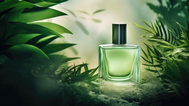 Transparent green glass perfume bottle mockup with plants on background. Eau de toilette. Mockup, spring flat lay