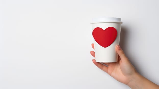 Hand holding white disposable take out coffee cup with red heart on white background. Mockup for Valentine's Day