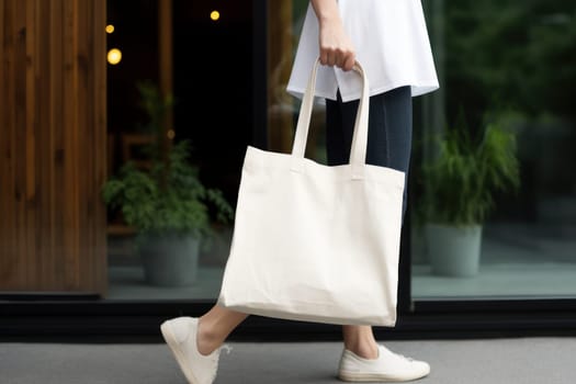 Model hold blank white fabric mockup bag for save environment on street fashion.