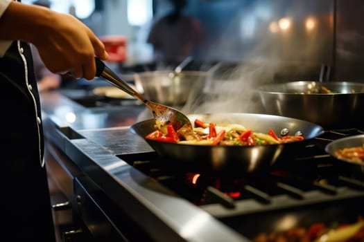 Close up of a professional chef preparing a delicious gourmet dish in a modern kitchen.